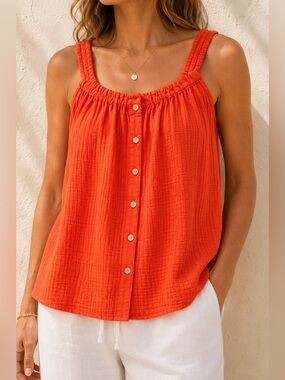 Gap Double Gauze Tank Top L Petite Orange Button Front Cotton Summer